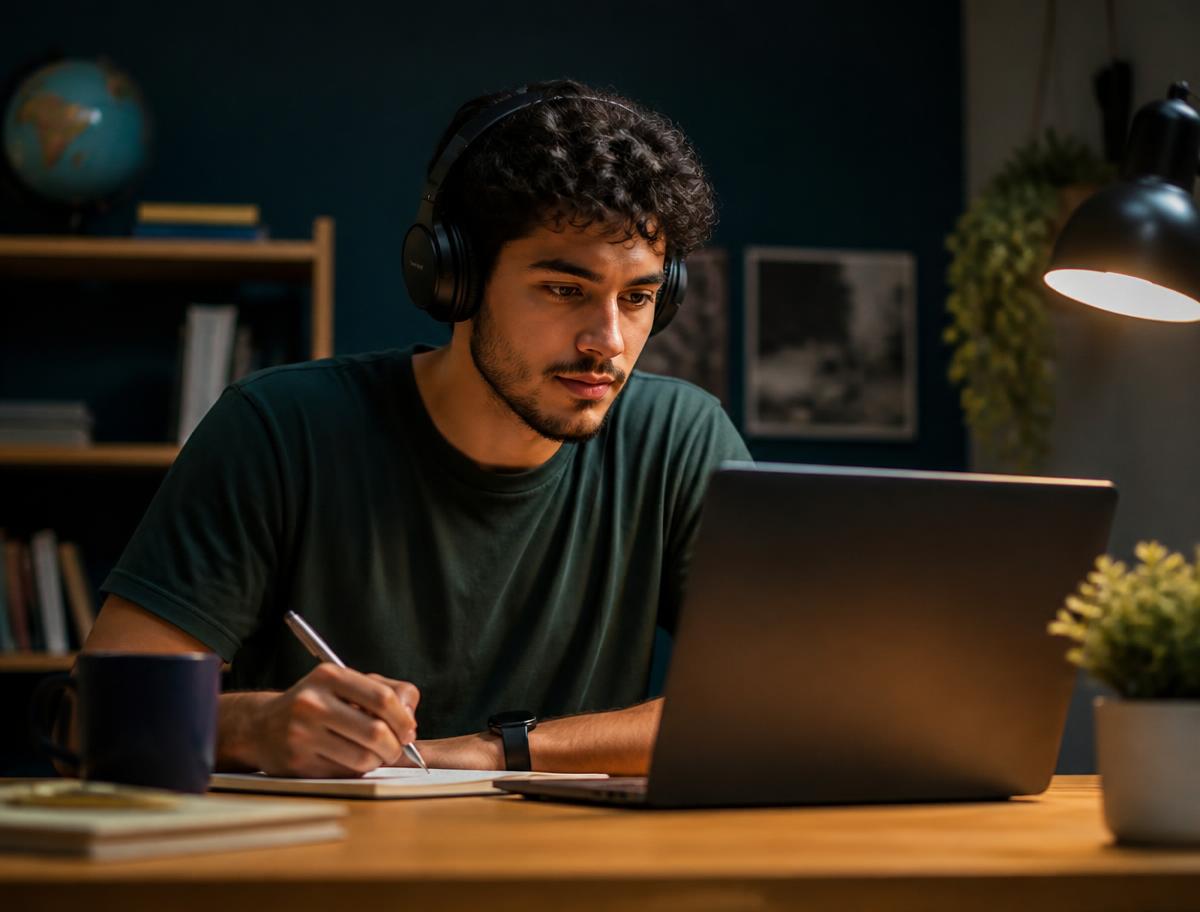 Estudante assistindo a uma aula online em casa